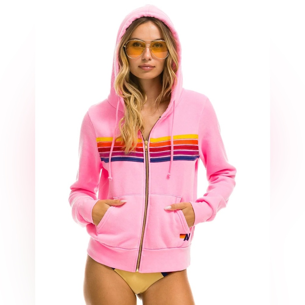 Aviator Nation Pink Hoodie with Rainbow Stripes